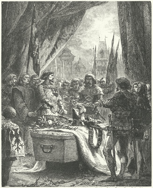 Chateauneuf de Randon komutanı, şehrin anahtarlarını Bertrand du Guesclin'in tabutuna koyuyor by Alphonse Marie de (after) Neuville