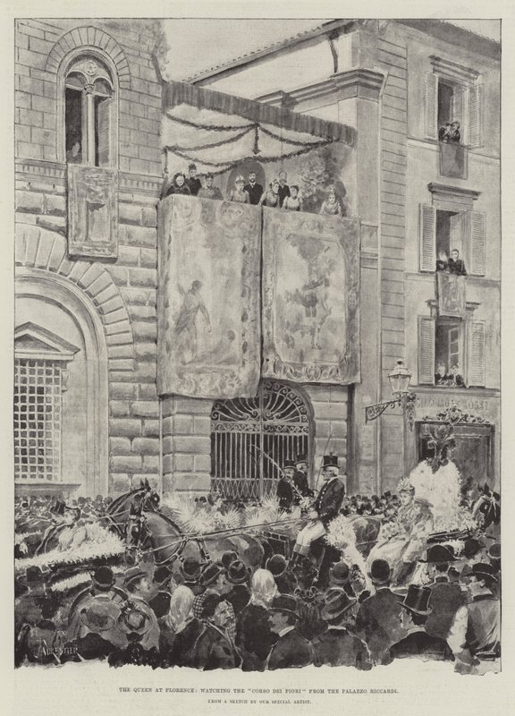 Floransa'daki Kraliçe, Palazzo Riccardi'den Corso dei Fiori'yi izliyor by Amedee Forestier