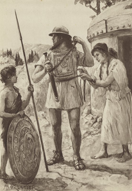 Savaş için silahlanan Tunç çağından bir İtalik Çiftçi (litho) by Amedee (after) Forestier