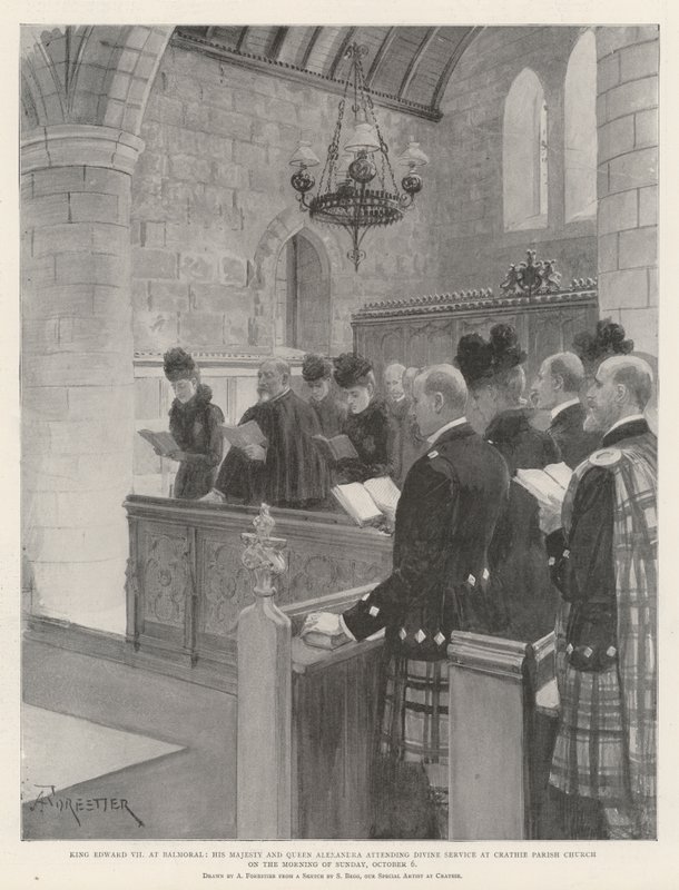 Kral Edward VII, Balmoral'da, Majesteleri ve Kraliçe Alexandra, 6 Ekim Pazar Sabahı Crathie Parish Kilisesi'ndeki İlahi Ayine katılıyor by Amedee Forestier
