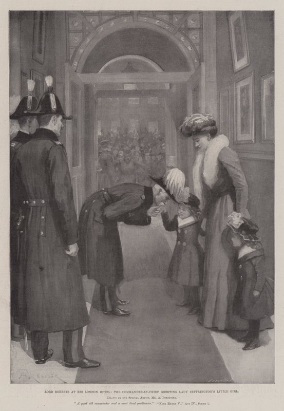 Lord Roberts Londra Otelinde, Başkomutan Leydi Settrington'ın Küçük Kızını selamlıyor by Amedee Forestier
