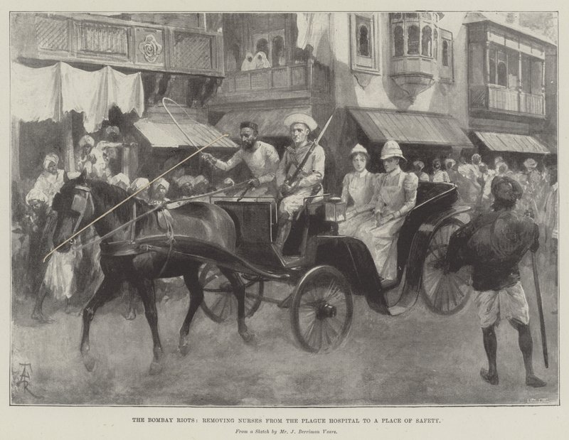 Bombay İsyanları, Hemşireleri Veba Hastanesinden Güvenli Bir Yere Kaldırıyor by Amedee Forestier