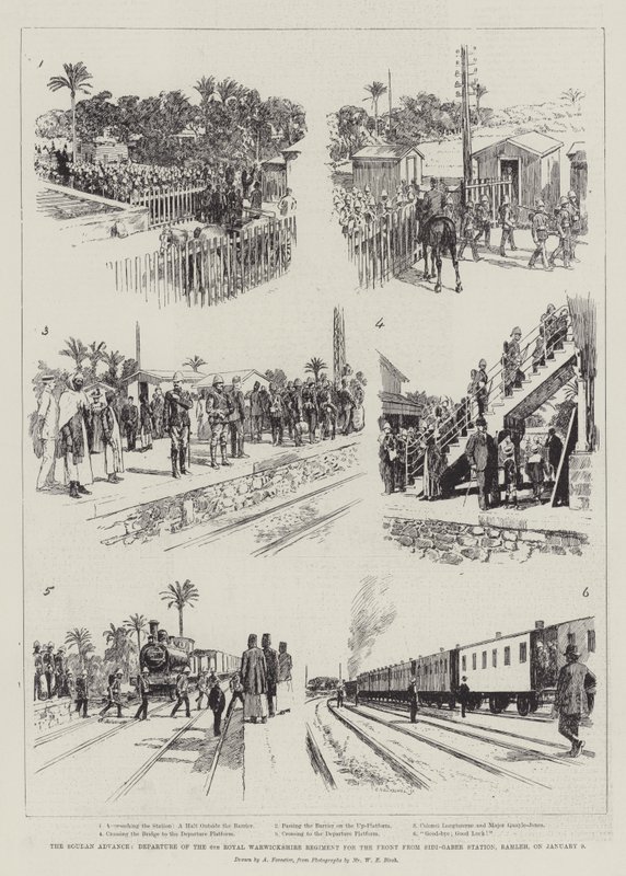 The Soudan Advance, Departure of the 6th Royal Warwickshire Regiment for the Front from Sidi-Gaber Station, Ramleh, on 9 January  by Amedee Forestier