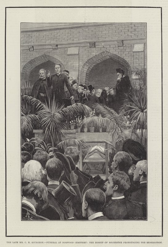 Merhum Bay CH Spurgeon, Norwood Mezarlığı'nda Cenaze, Rochester Piskoposu Benediction'ı telaffuz ediyor by Amedee Forestier