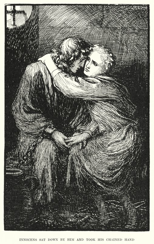 Masumlar yanına oturdu ve zincirli elini tuttu (gravür) by Amelia M. (attr.to) Bowerley or Bauerle