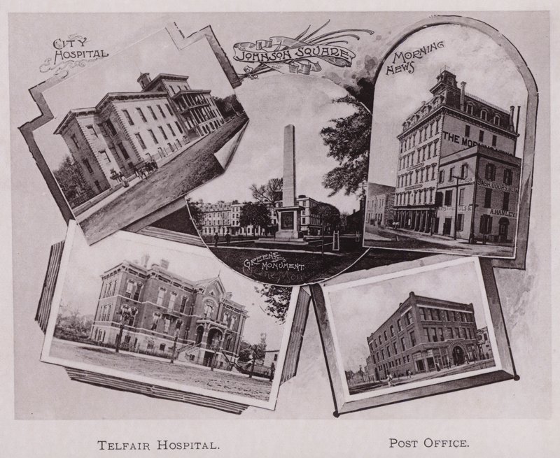 Şehir Hastanesi; Johnson Meydanı; Greene Anıtı; Sabah Haberleri, Telfair Hastanesi, Postane (s/b fotoğraf) by American Photographer (after)
