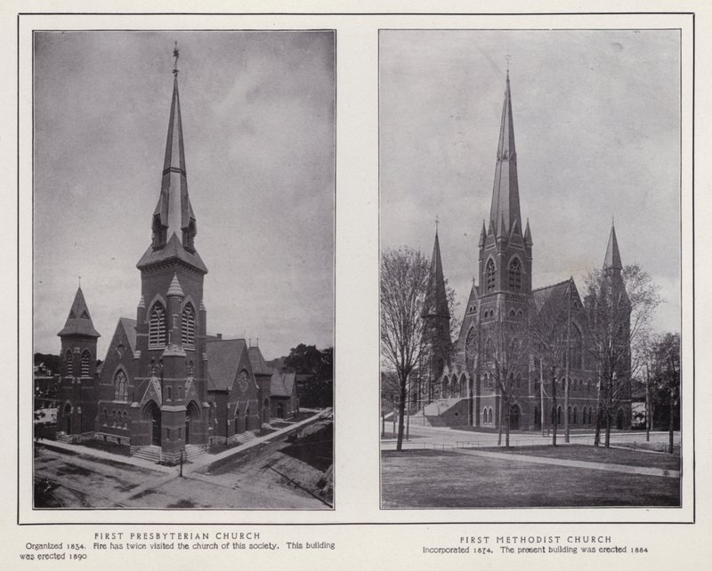 Jamestown, NY: İlk Presbiteryen Kilisesi; Birinci Metodist Kilisesi (s/b fotoğraf) by American Photographer (after)