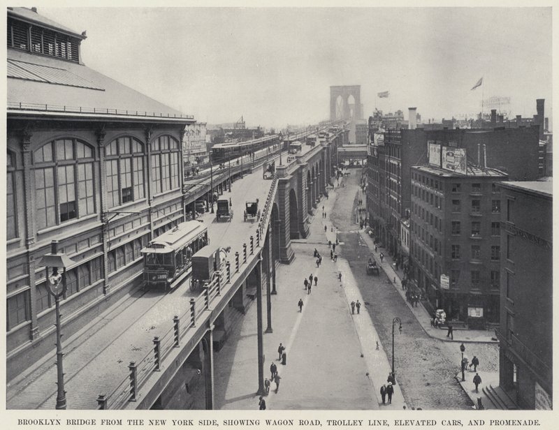 New York Yakasından Brooklyn Köprüsü, Wagon Yolu, Tramvay Hattı, Yükseltilmiş Arabalar ve Gezinti Yeri'ni gösteriyor (s/b fotoğraf) by American Photographer