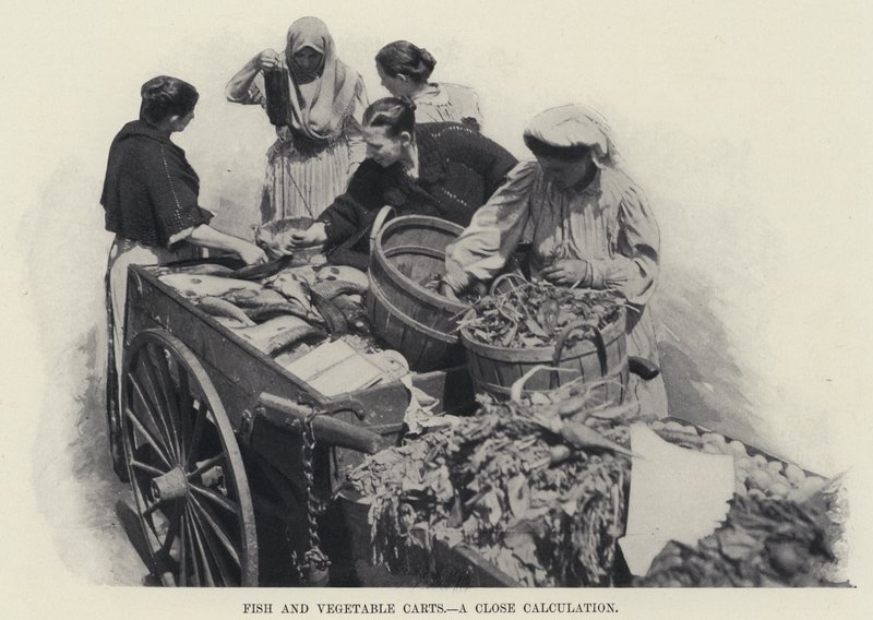 Balık ve Sebze Arabaları, Yakın Bir Hesaplama (s/b fotoğraf) by American Photographer