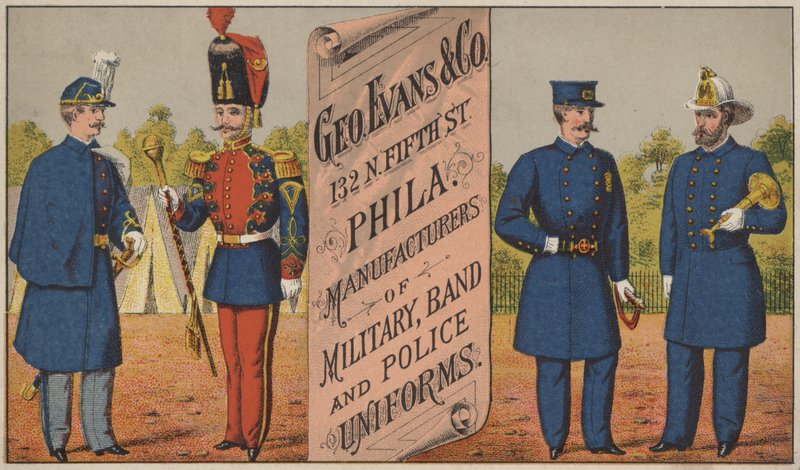 George Evans & Co, askeri, bando ve polis üniforması üreticileri, 132 N Fifth Street, Philadelphia için reklam by American School