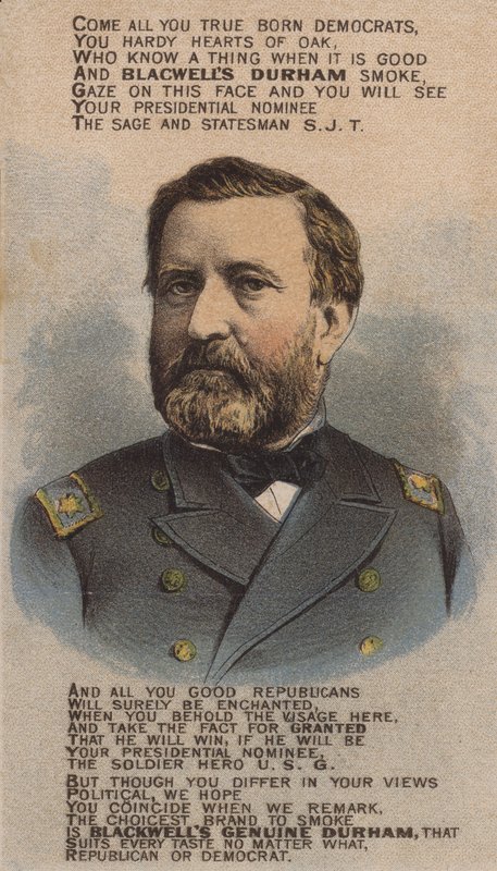 Amerikalı asker ve politikacı Ulysses S Grant, ticari kart reklamı Blackwell Durham Bull Tobacco, 1870'ler by American School