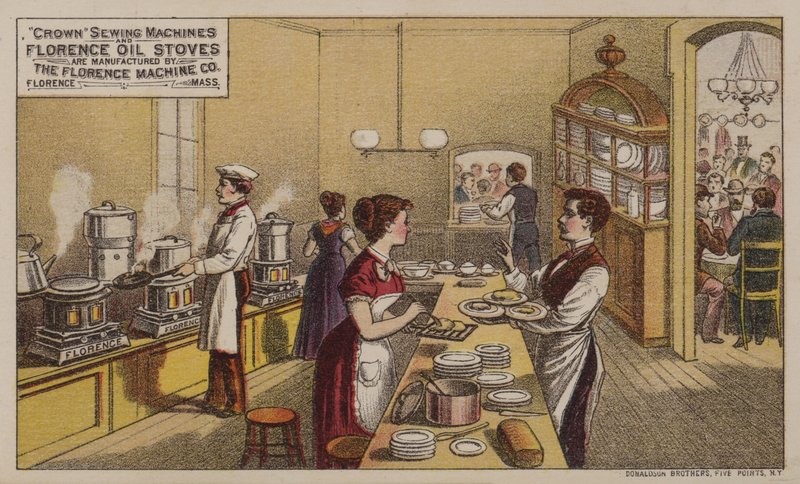 Florence Machine Company, Massachusetts, c1880s tarafından üretilen Amerikan ticari kart reklam dikiş makineleri ve yağ sobaları by American School