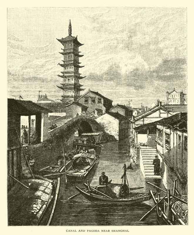 Şanghay yakınlarındaki Kanal ve Pagoda by American School