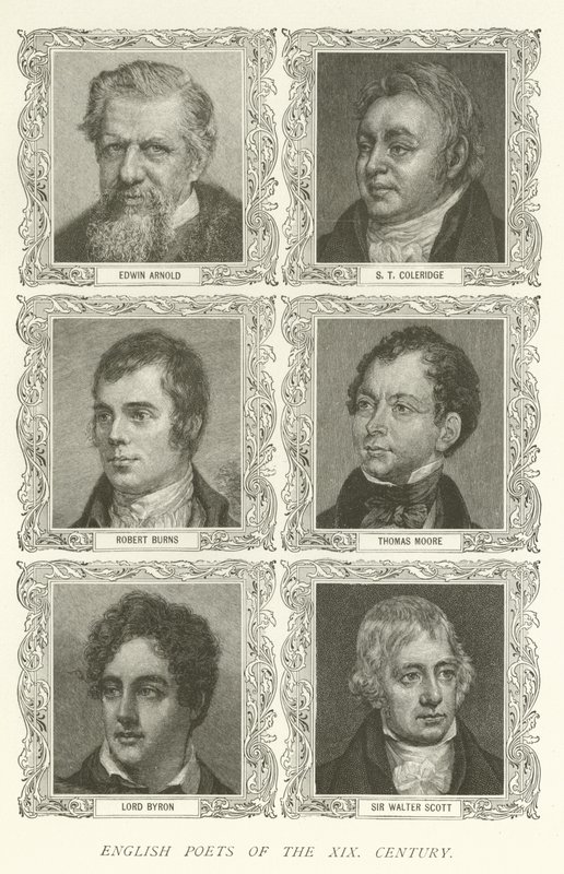 19. Yüzyılın İngiliz Şairleri, Edwin Arnold, ST Coleridge, Robert Burns, Thomas Moore, Lord Byron, Sir Walter Scott by American School