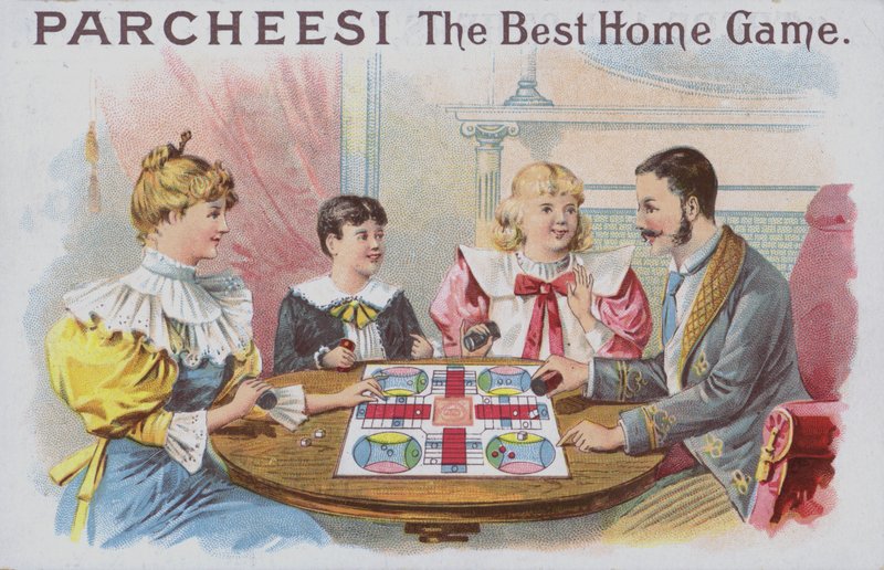 Parcheesi (chromolitho) oyunu oynayan aile by American School