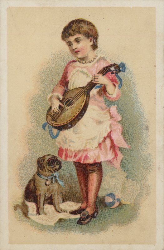 Bir köpekle bir mandolin oynayan kız by American School