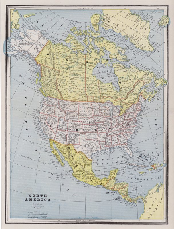 Kuzey Amerika Haritası (renkli gravür) by American School