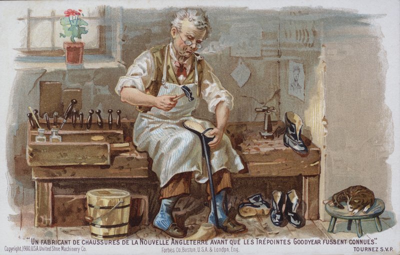 Goodyear kayışının tanıtılmasından önceki döneme ait New England ayakkabı üreticisi (kromolito) by American School