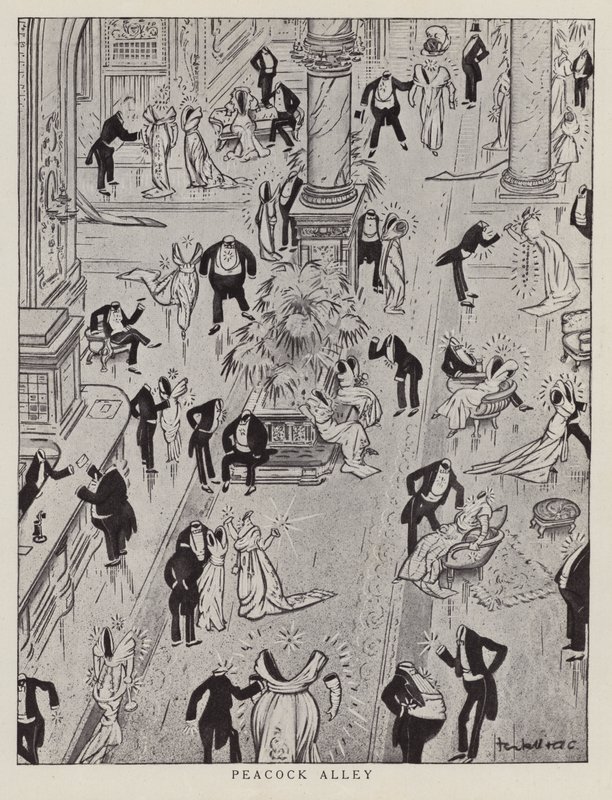 Tavuskuşu Sokağı, çağın gösterişli modasıyla alay eden karikatür (taş baskı) by American School