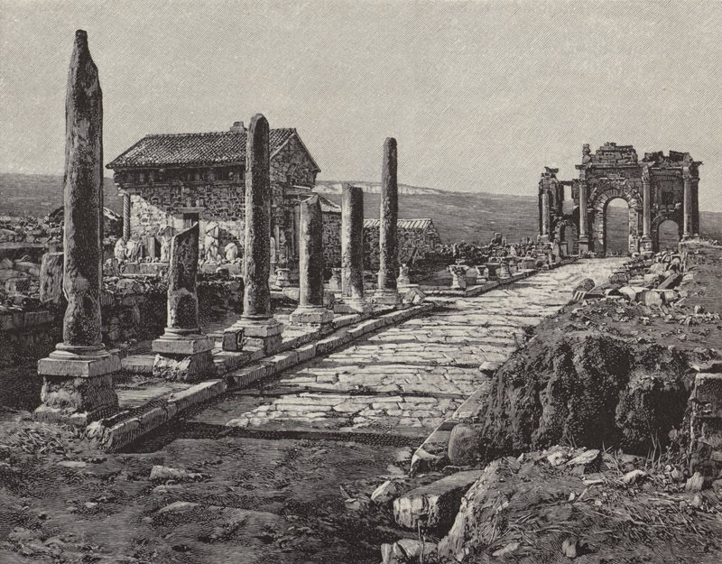Roma-Berberi şehri Timgad (antik Thamugas), Cezayir (gravür) kalıntıları by American School