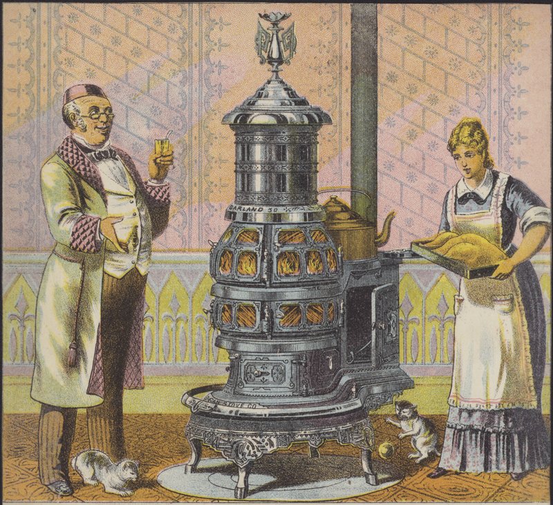 Hindiyi büyük sobanın içine sokan hizmetçi, evin efendisi bakıyor (chromolitho) by American School