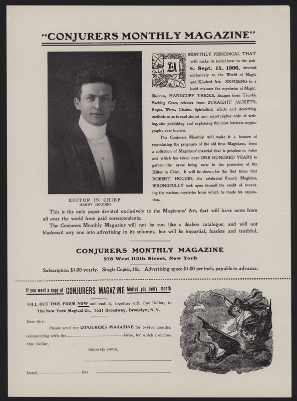 Conjurers Monthly Magazine, Genel Yayın Yönetmeni Harry Houdini (litho) için abonelik formu by American School