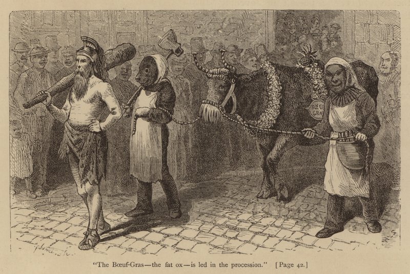 "Boeuf-Gras, şişman öküz, geçit töreninde yönetiliyor" (gravür) by American School