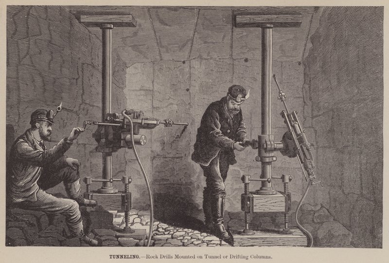 Tünel Açma, Tünel Üzerine Monte Edilen Kaya Delgileri veya Sürüklenen Kolonlar (gravür) by American School
