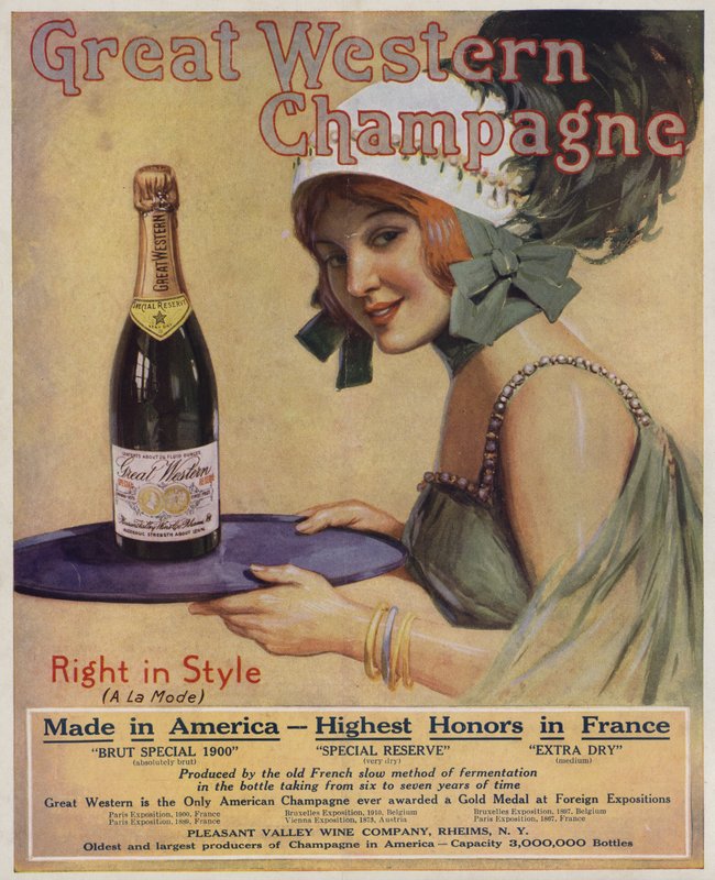 Elinde bir şişe şampanya olan genç kadın, Great Western Champagne reklamı (renkli lito) by American School