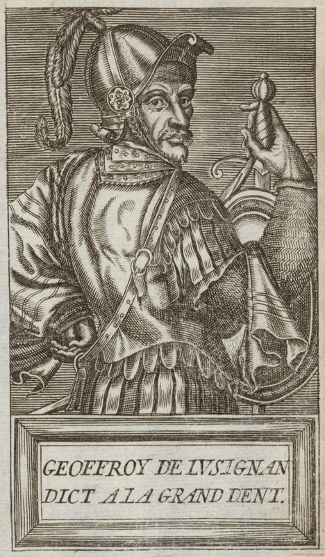 Lusignan'lı Geoffrey, Yafa ve Ascalon Kontu, Vouvant Lordu ve Montcontour ve Soubise'li Mervent, 'Şanlı Adamların Portreleri ve Yaşamları'ndan bir çizim, 1584 by Andre Thevet