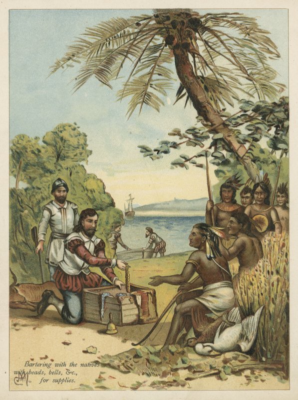 Columbus, Kızılderililerle erzak için takas yapıyor (chromolitho) by Andrew Melrose