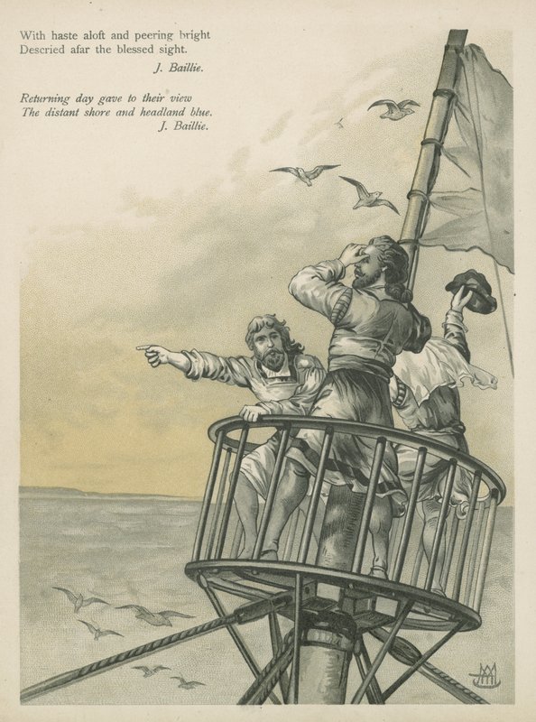 Lookouts sighting land in the New World (chromolitho) by Andrew Melrose