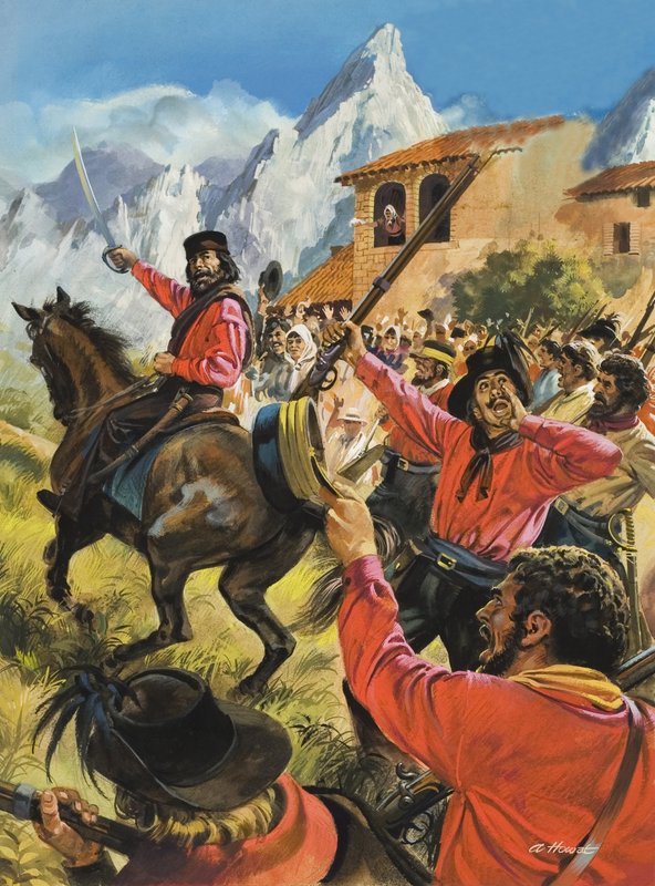 Guiseppe Garibaldi (1807-82) ve ordusu Neopolitan Kraliyet birlikleri ile savaşırken (kağıt üzerine guaj) by Andrew Howat