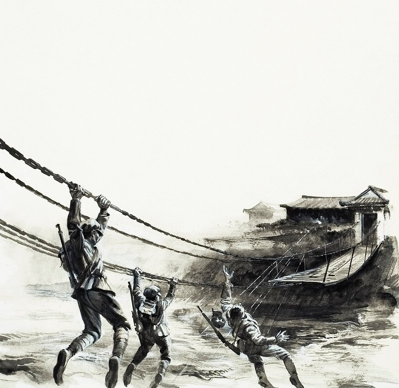 Luding Köprüsü Savaşı (kağıt üzerine guaj) by Andrew Howat