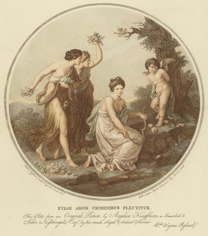 İki peri, bir ağaca bağlı aşk tanrısı ile alay eder (renkli taş) by Angelica (after) Kauffmann