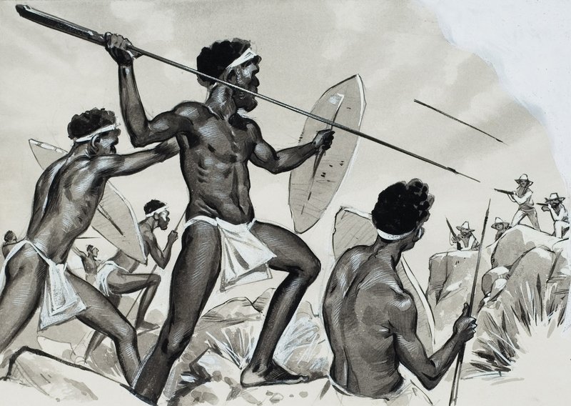 Aborijinler saldırı altında (kağıt üzerine guaj) by Angus McBride
