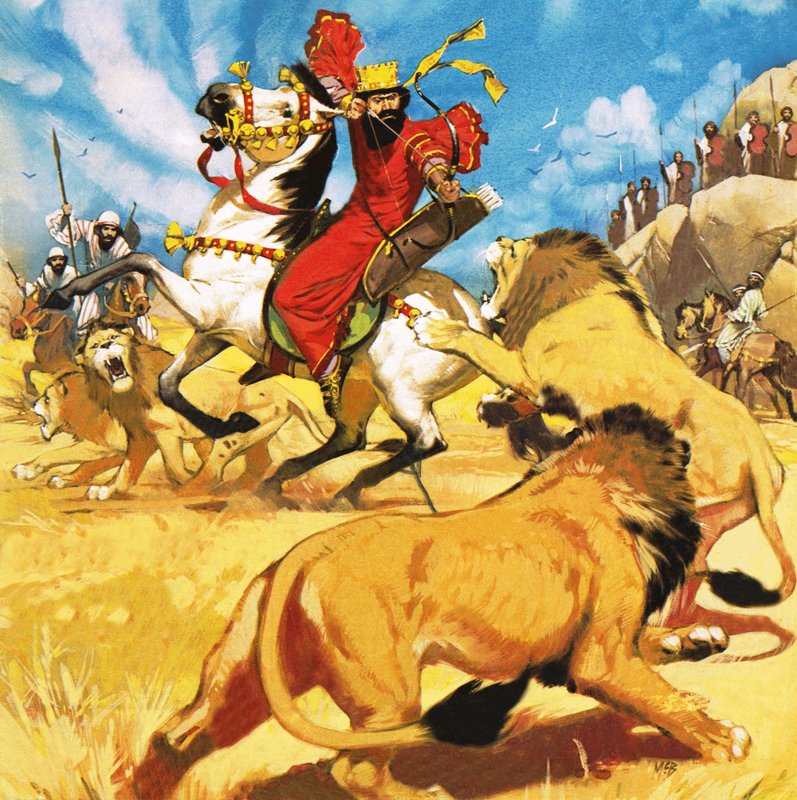 Pers Kralı Darius aslan avlıyor by Angus McBride