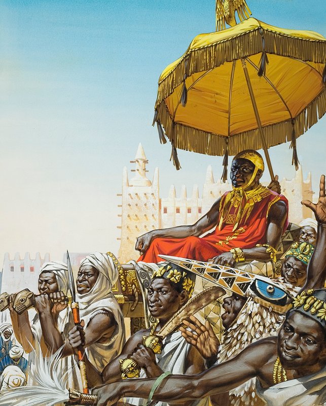 Mansa Kankan Musa I, 14. yüzyıl Mali İmparatorluğu kralı (kağıt üzerine guaj) by Angus McBride