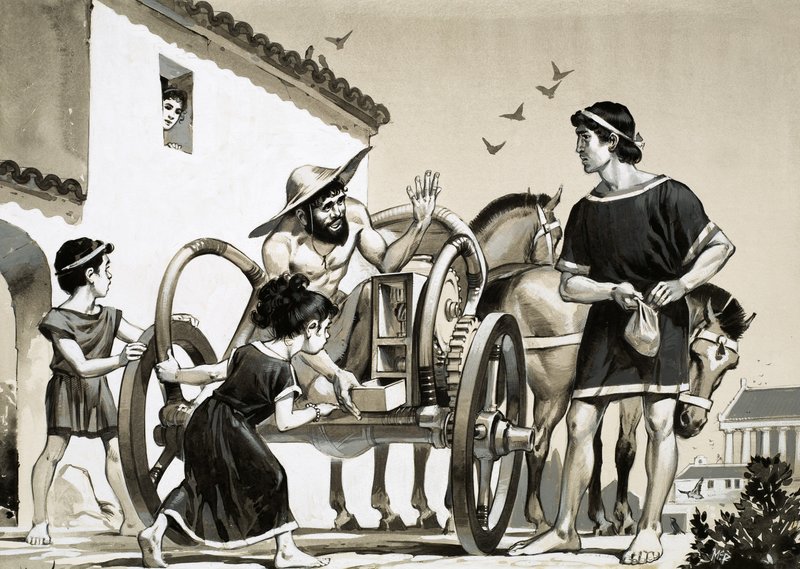 Roma döneminde bir savaş arabasının arkasında eşya satan tüccar by Angus McBride