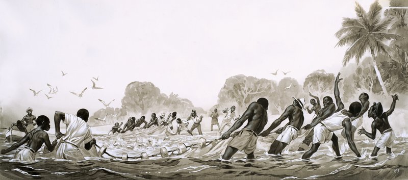 Karayip yerlileri denizlerde balık avlamak için ağ kullanıyor by Angus McBride