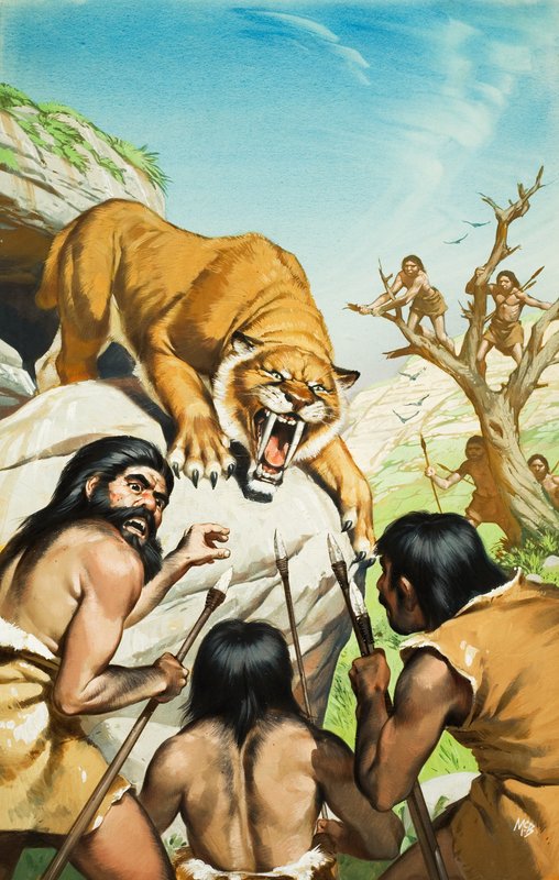 Kılıç dişli kaplan ve mağara adamları (kağıt üzerine guaj) by Angus McBride