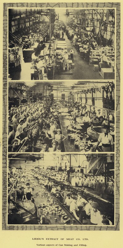 Can yapma ve doldurma, Liebig Extract of Meat Company, Ltd, Arjantin fabrikası (s/b fotoğraf) by Argentinian Photographer