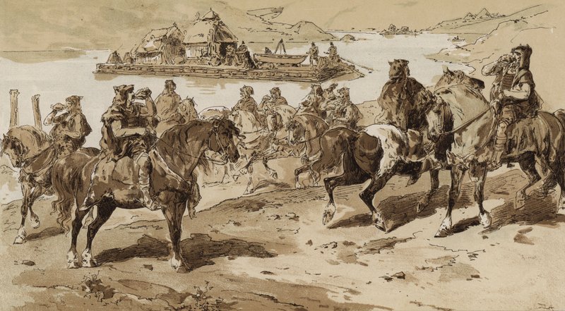 İlkel zamanlarda deniz kabuğu üfleyiciler ve sal by Armand Jean Heins