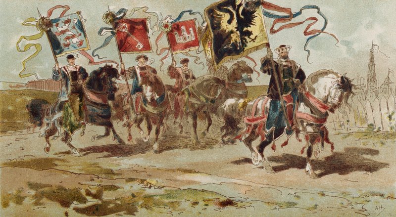 Horsemen carrying banners of the Hanseatic League and some of its member cities, Spanish Netherlands, 16th Century  by Armand Jean Heins