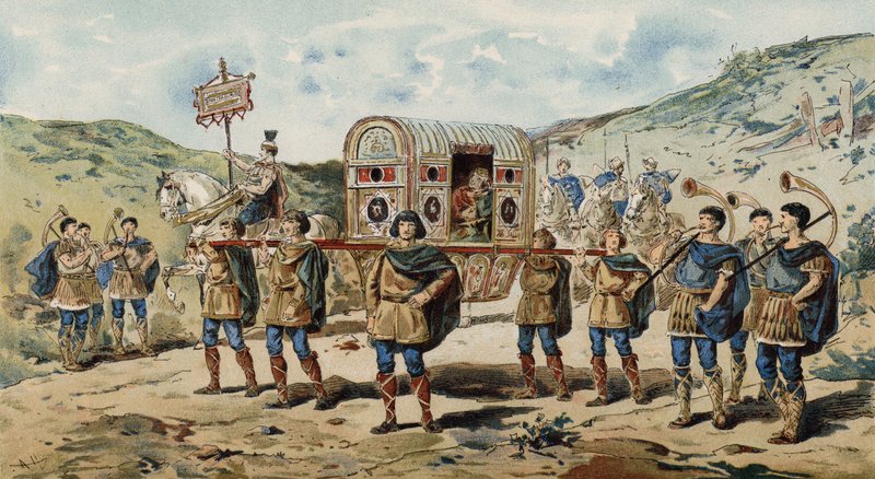 Amagare akururwa na Ox hamwe nabaherekeza bo mu bwoko bwa Nervii bwo mu majyaruguru ya Gaul by Armand Jean Heins