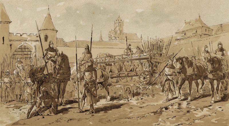 Military wagon and cavalrymen, 13th Century  by Armand Jean Heins