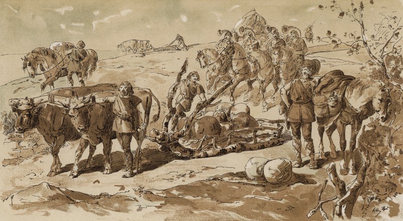 İlkel zamanlarda öküzlerin çektiği kızak ve yük atları by Armand Jean Heins