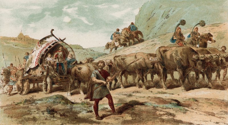 Ox-drawn wagon and escort of the Nervii tribe of northern Gaul  by Armand Jean Heins