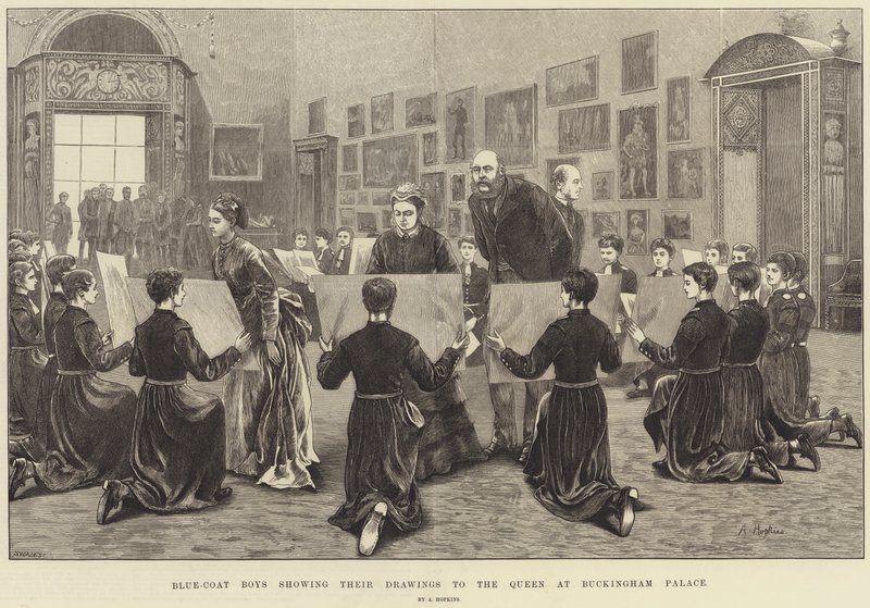 Buckingham Sarayı'nda Kraliçe'ye Çizimlerini Gösteren Mavi Önlüklü Çocuklar by Arthur Hopkins