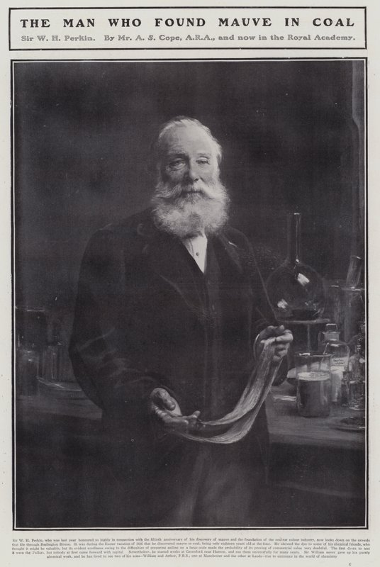 William Henry Perkin, ilk sentetik organik boya olan leylak rengi (lito) keşfeden İngiliz kimyager by Arthur Stockdale Cope